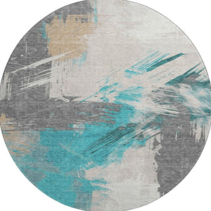 HomeRoots 8' Teal Beige Ivory Abstract Round Rug – Washable, UV-Protected, Stylish for Family Spaces! 697923