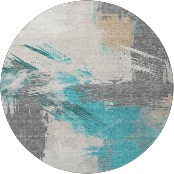 HomeRoots 8' Teal Beige Ivory Abstract Round Rug – Washable, UV-Protected, Stylish for Family Spaces! 697923