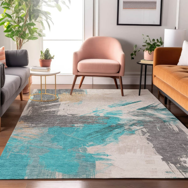 HomeRoots 10' X 14' Modern Teal and Beige Abstract Area Rug - UV Protected, Washable, and Perfect for Families 697926