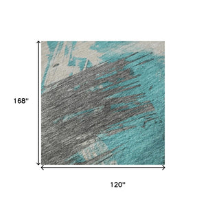 HomeRoots 10' X 14' Modern Teal and Beige Abstract Area Rug - UV Protected, Washable, and Perfect for Families 697926