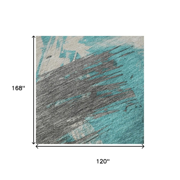 HomeRoots 10' X 14' Modern Teal and Beige Abstract Area Rug - UV Protected, Washable, and Perfect for Families 697926