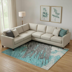 HomeRoots 10' X 14' Modern Teal and Beige Abstract Area Rug - UV Protected, Washable, and Perfect for Families 697926