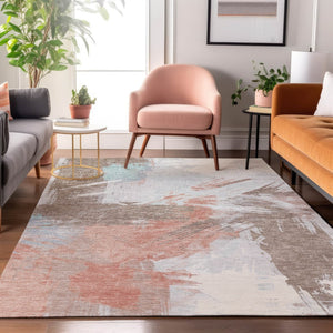 HomeRoots 5' X 8' Abstract Washable Area Rug in Taupe, Blue & Ivory – UV Protected, Stain Resistant & Stylish 697928