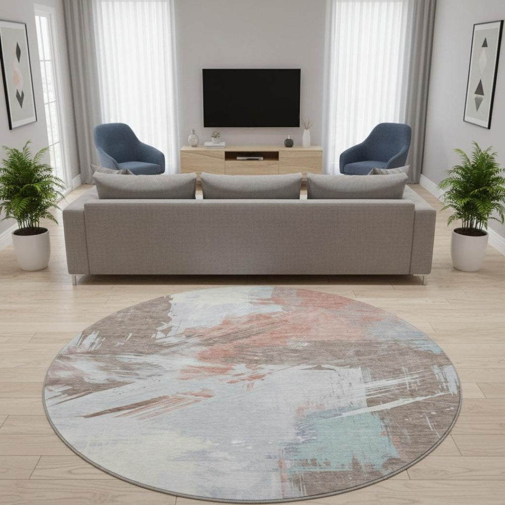HomeRoots 8' Durable Washable Round Area Rug in Taupe, Blue & Ivory with UV Protection – Perfect for Any Space! 697929