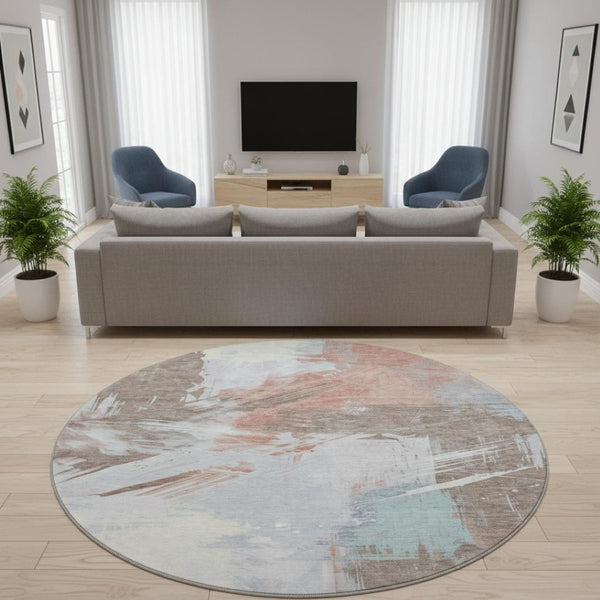 HomeRoots 8' Durable Washable Round Area Rug in Taupe, Blue & Ivory with UV Protection – Perfect for Any Space! 697929