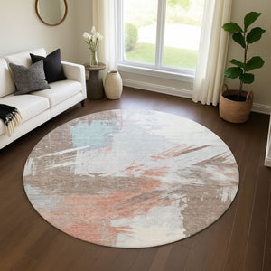 HomeRoots 8' Durable Washable Round Area Rug in Taupe, Blue & Ivory with UV Protection – Perfect for Any Space! 697929