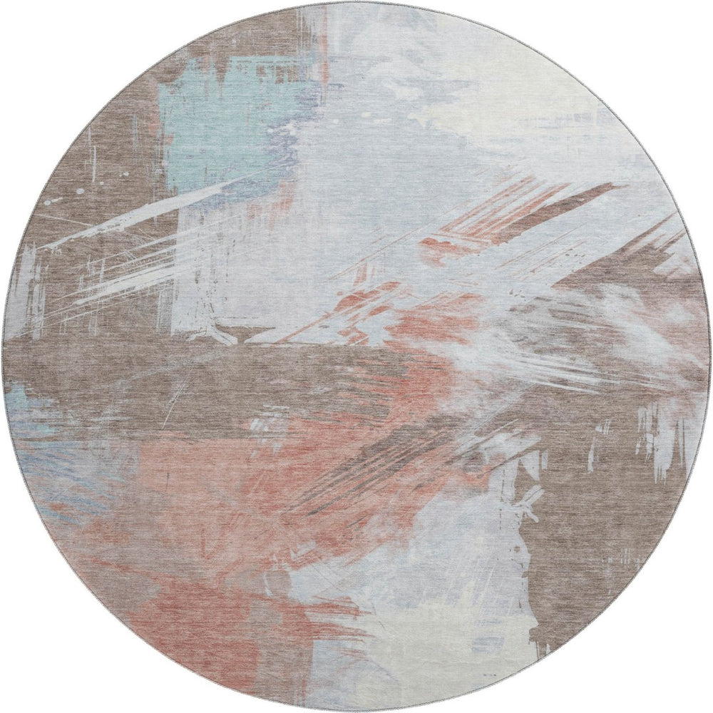 HomeRoots 8' Durable Washable Round Area Rug in Taupe, Blue & Ivory with UV Protection – Perfect for Any Space! 697929