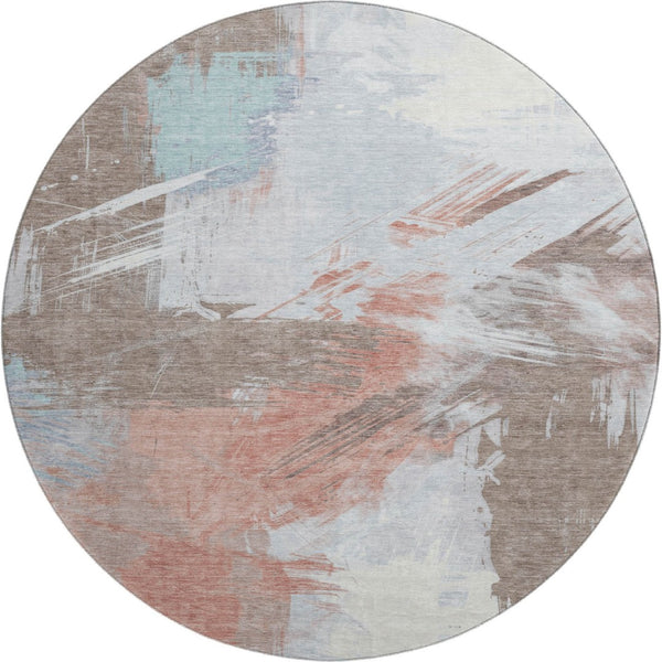 HomeRoots 8' Durable Washable Round Area Rug in Taupe, Blue & Ivory with UV Protection – Perfect for Any Space! 697929
