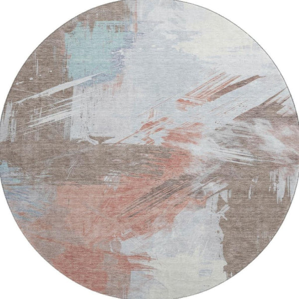 HomeRoots 8' Durable Washable Round Area Rug in Taupe, Blue & Ivory with UV Protection – Perfect for Any Space! 697929