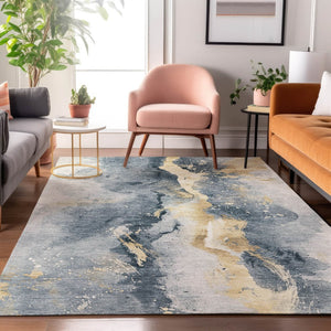 HomeRoots 5' X 8' Stylish Graphite Gold Silver Abstract Area Rug – Washable, UV-Protected & Non-Slip Design 697934