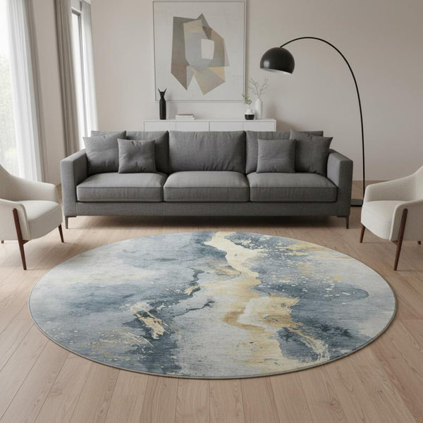 HomeRoots 8' Washable Graphite Round Rug with Gold & Silver Abstract Design - UV Protection, Non-Slip Backing 697935