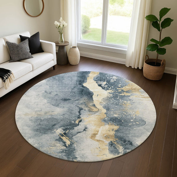 HomeRoots 8' Washable Graphite Round Rug with Gold & Silver Abstract Design - UV Protection, Non-Slip Backing 697935