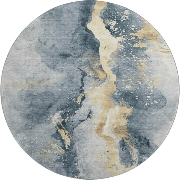 HomeRoots 8' Washable Graphite Round Rug with Gold & Silver Abstract Design - UV Protection, Non-Slip Backing 697935
