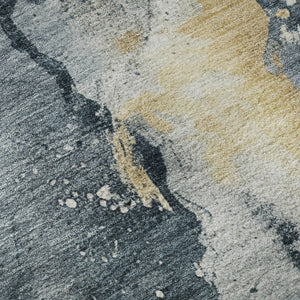 HomeRoots 8' Washable Graphite Round Rug with Gold & Silver Abstract Design - UV Protection, Non-Slip Backing 697935