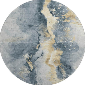 HomeRoots 8' Washable Graphite Round Rug with Gold & Silver Abstract Design - UV Protection, Non-Slip Backing 697935