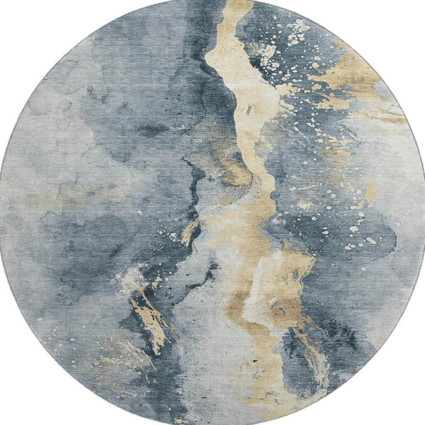 HomeRoots 8' Washable Graphite Round Rug with Gold & Silver Abstract Design - UV Protection, Non-Slip Backing 697935