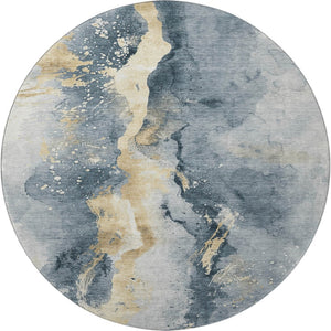 HomeRoots 8' Washable Graphite Round Rug with Gold & Silver Abstract Design - UV Protection, Non-Slip Backing 697935