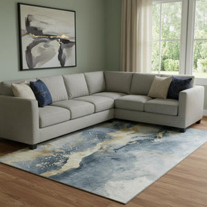 HomeRoots 8' X 10' Stylish Graphite Gold Silver Washable Area Rug - UV Protected, Stain-Resistant, Non-Slip! 697936