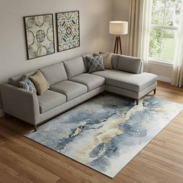 HomeRoots 9' X 12' Graphite Gold Silver Abstract Rug - Washable, UV Protected, Stain-Resistant, Durable Design 697937