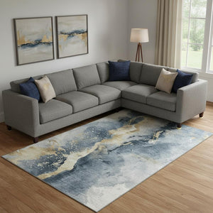 HomeRoots 10' X 14' Stylish Graphite Gold & Silver Abstract Area Rug - Washable, UV Protected, Durable Design 697938