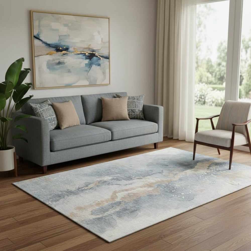 HomeRoots 5' X 8' Gray Beige Ivory Abstract Washable Area Rug - Stylish, Durable, UV Protected & Easy Care! 697940