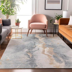 HomeRoots 5' X 8' Gray Beige Ivory Abstract Washable Area Rug - Stylish, Durable, UV Protected & Easy Care! 697940