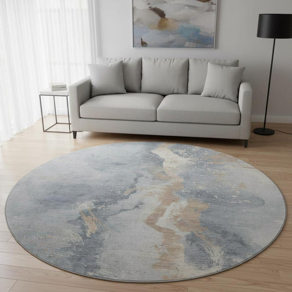 HomeRoots 8' Gray Beige and Ivory Abstract Round Rug - Washable, UV Protected, Durable & Stylish for Any Room 697941