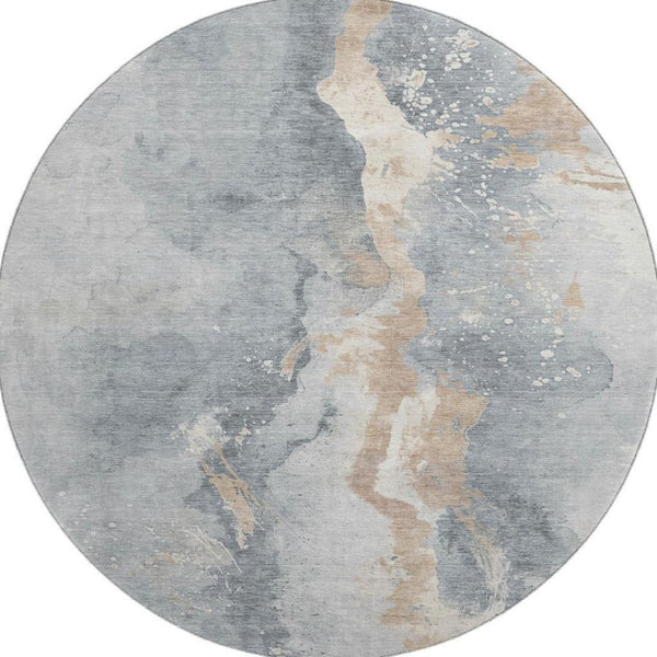 HomeRoots 8' Gray Beige and Ivory Abstract Round Rug - Washable, UV Protected, Durable & Stylish for Any Room 697941