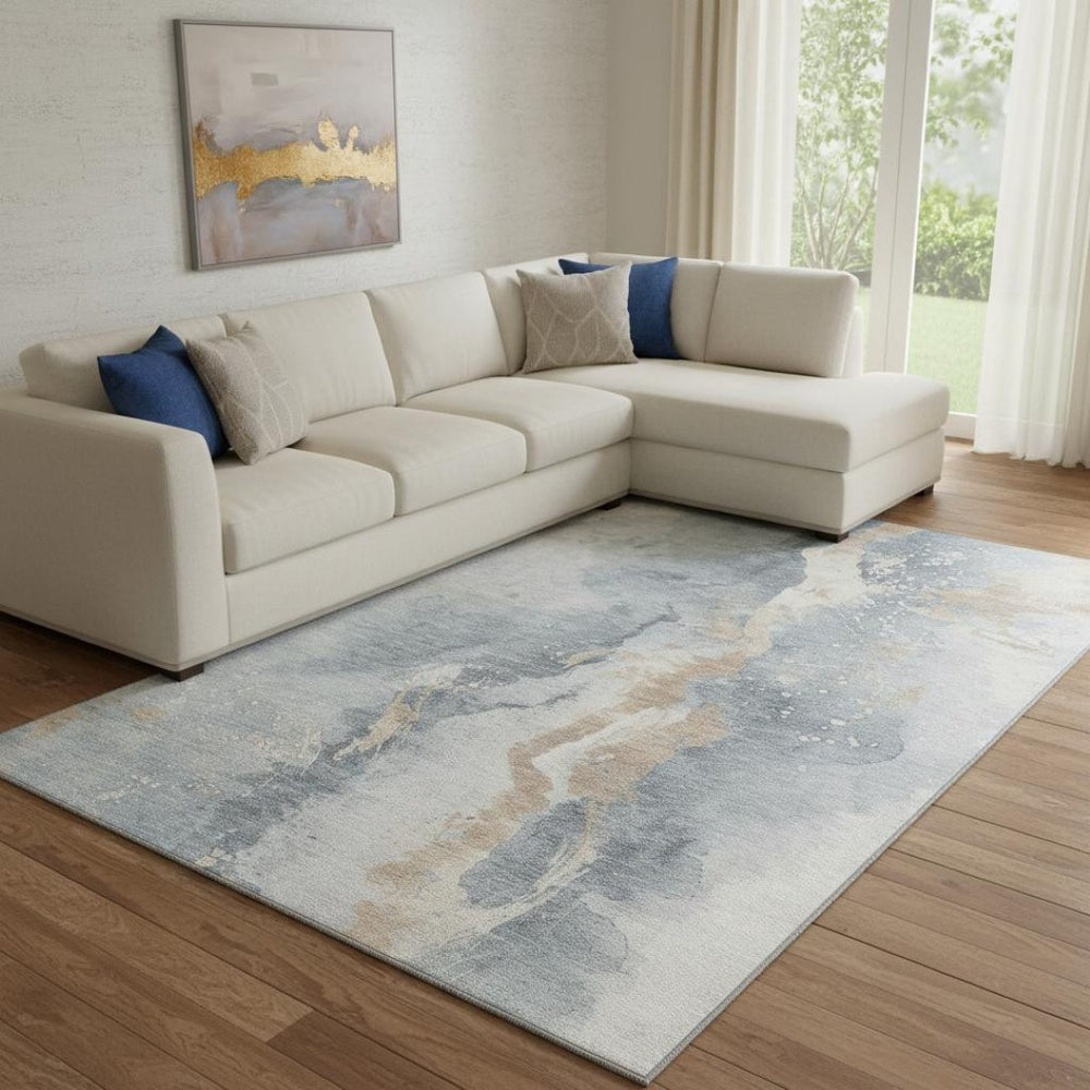 HomeRoots 8' X 10' Abstract Washable Area Rug - Durable Gray, Beige & Ivory Design with UV Protection & Stain Resistance 697942