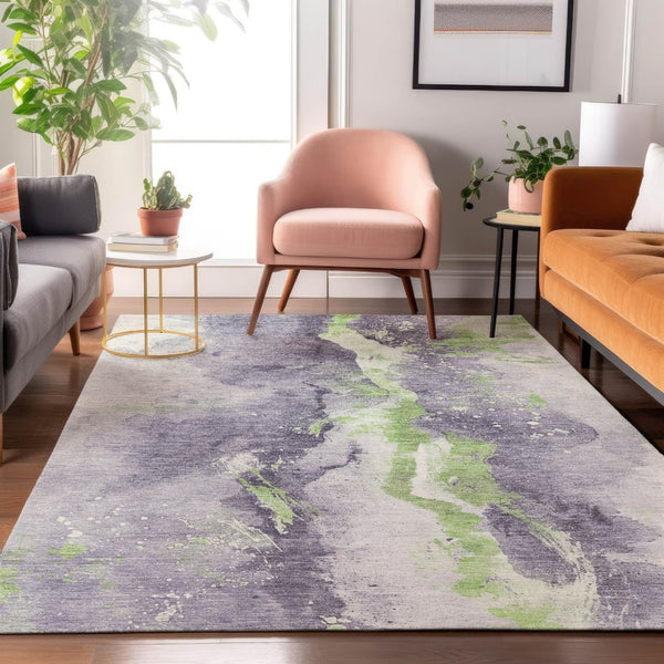 HomeRoots 5' Abstract Lavender Green & Ivory Area Rug - Washable, UV-Protected, Stain-Resistant, Non-Slip! 697946