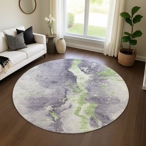 HomeRoots 8' Stylish Lavender Green & Ivory Abstract Washable Round Rug with UV Protection for Any Room 697947