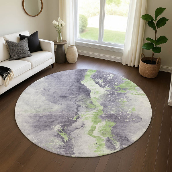 HomeRoots 8' Stylish Lavender Green & Ivory Abstract Washable Round Rug with UV Protection for Any Room 697947