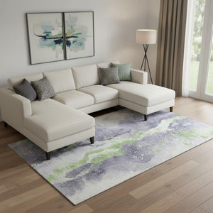 HomeRoots 9' X 12' Abstract Area Rug in Lavender Green & Ivory - Washable, UV Protected, Stain Resistant Design 697949
