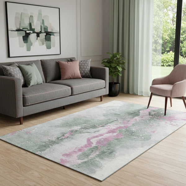 HomeRoots 5' X 8' Abstract Area Rug in Sage, Mauve & Ivory - Stylish, Washable, Stain-Resistant & UV Protected! 697952