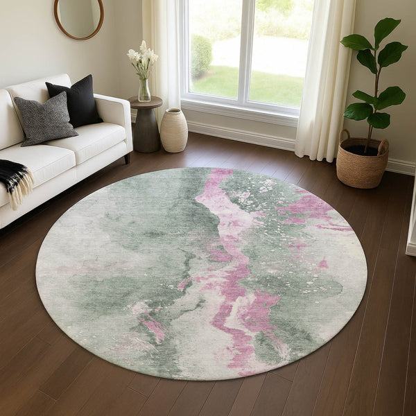 HomeRoots 8' Stylish Sage Mauve Ivory Round Rug - Washable, UV Protected, Stain Resistant, Ideal for Home Decor 697953