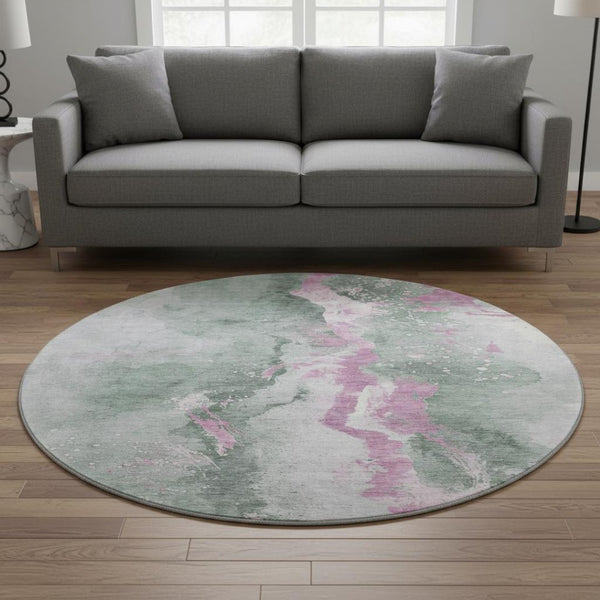 HomeRoots 8' Stylish Sage Mauve Ivory Round Rug - Washable, UV Protected, Stain Resistant, Ideal for Home Decor 697953