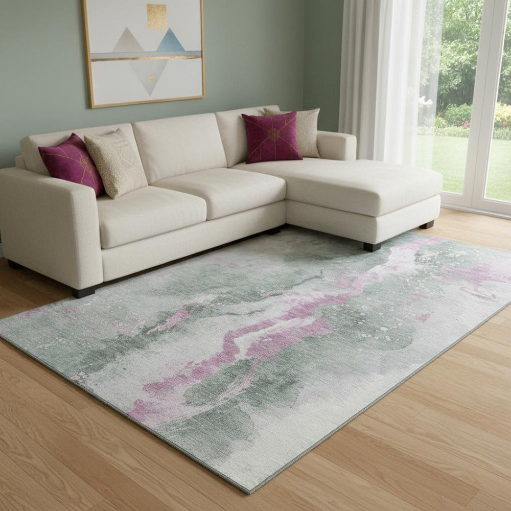 HomeRoots 8' X 10' Stylish Sage Mauve Ivory Abstract Washable Area Rug with UV Protection for High Traffic Areas 697954