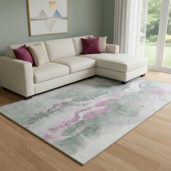 HomeRoots 8' X 10' Stylish Sage Mauve Ivory Abstract Washable Area Rug with UV Protection for High Traffic Areas 697954