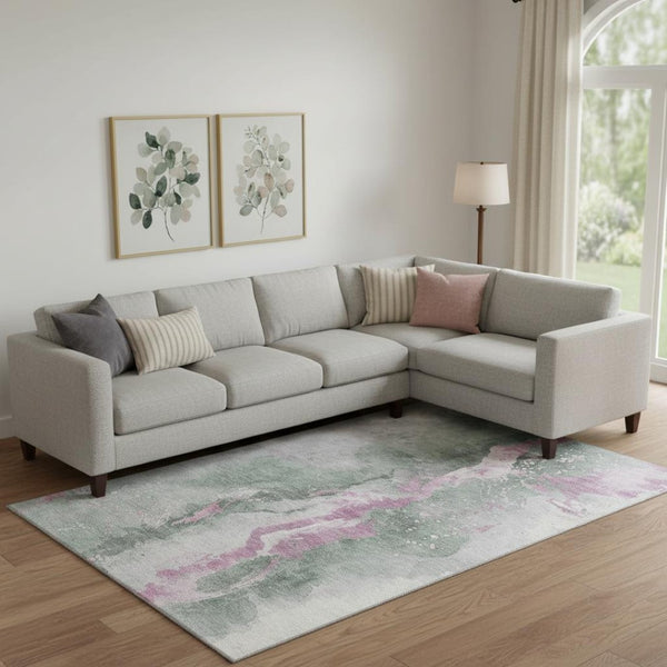 HomeRoots 9' X 12' Abstract Sage Mauve Ivory Area Rug - Stain-Resistant, Washable, UV Protected & Non-Slip! 697955