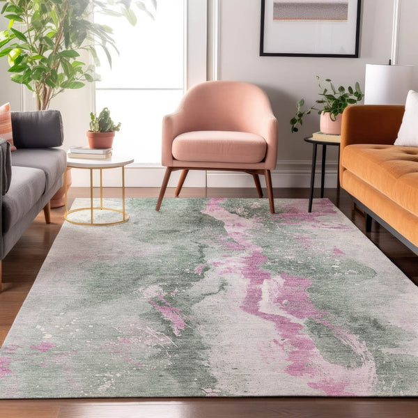 HomeRoots 10' X 14' Sage Mauve Ivory Abstract Area Rug - Durable, Washable, UV Protected for Stylish Living Spaces 697956