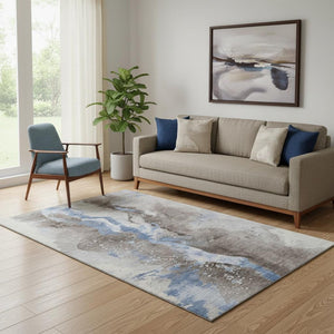 HomeRoots 5' X 8' Stylish Abstract Area Rug in Taupe, Blue & Ivory - Washable, UV Resistant, Non-Slip Backing 697958