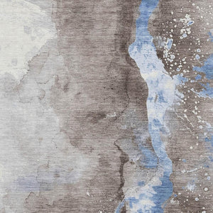 HomeRoots 5' X 8' Stylish Abstract Area Rug in Taupe, Blue & Ivory - Washable, UV Resistant, Non-Slip Backing 697958