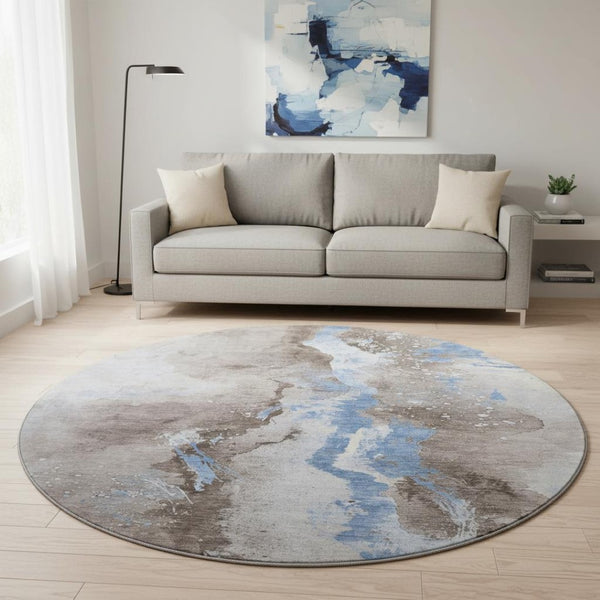 HomeRoots 8' Stylish Taupe Blue Ivory Abstract Round Rug - Washable, UV-Protected, Durable for High Traffic Areas 697959