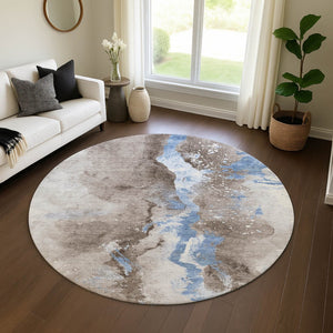HomeRoots 8' Stylish Taupe Blue Ivory Abstract Round Rug - Washable, UV-Protected, Durable for High Traffic Areas 697959