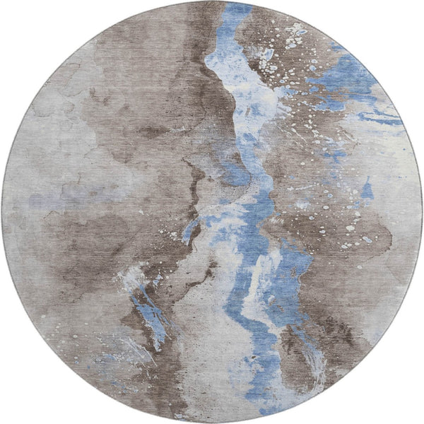 HomeRoots 8' Stylish Taupe Blue Ivory Abstract Round Rug - Washable, UV-Protected, Durable for High Traffic Areas 697959