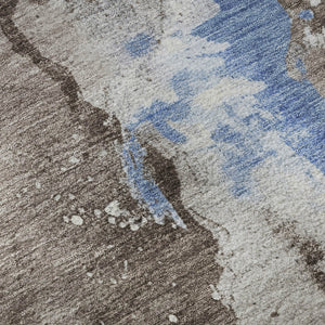 HomeRoots 8' Stylish Taupe Blue Ivory Abstract Round Rug - Washable, UV-Protected, Durable for High Traffic Areas 697959