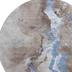 HomeRoots 8' Stylish Taupe Blue Ivory Abstract Round Rug - Washable, UV-Protected, Durable for High Traffic Areas 697959
