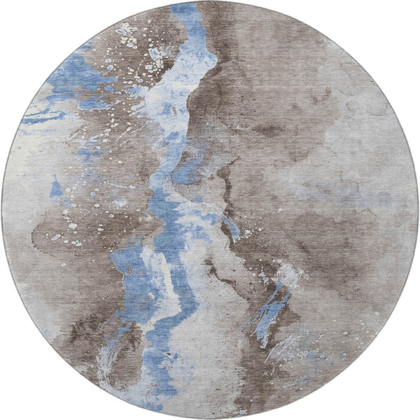 HomeRoots 8' Stylish Taupe Blue Ivory Abstract Round Rug - Washable, UV-Protected, Durable for High Traffic Areas 697959