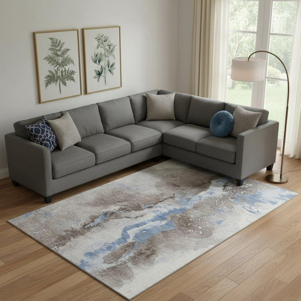 HomeRoots 9' X 12' Abstract Washable Area Rug in Taupe, Blue & Ivory – UV Protected, Durable & Stylish Design 697961