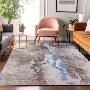 HomeRoots 9' X 12' Abstract Washable Area Rug in Taupe, Blue & Ivory – UV Protected, Durable & Stylish Design 697961